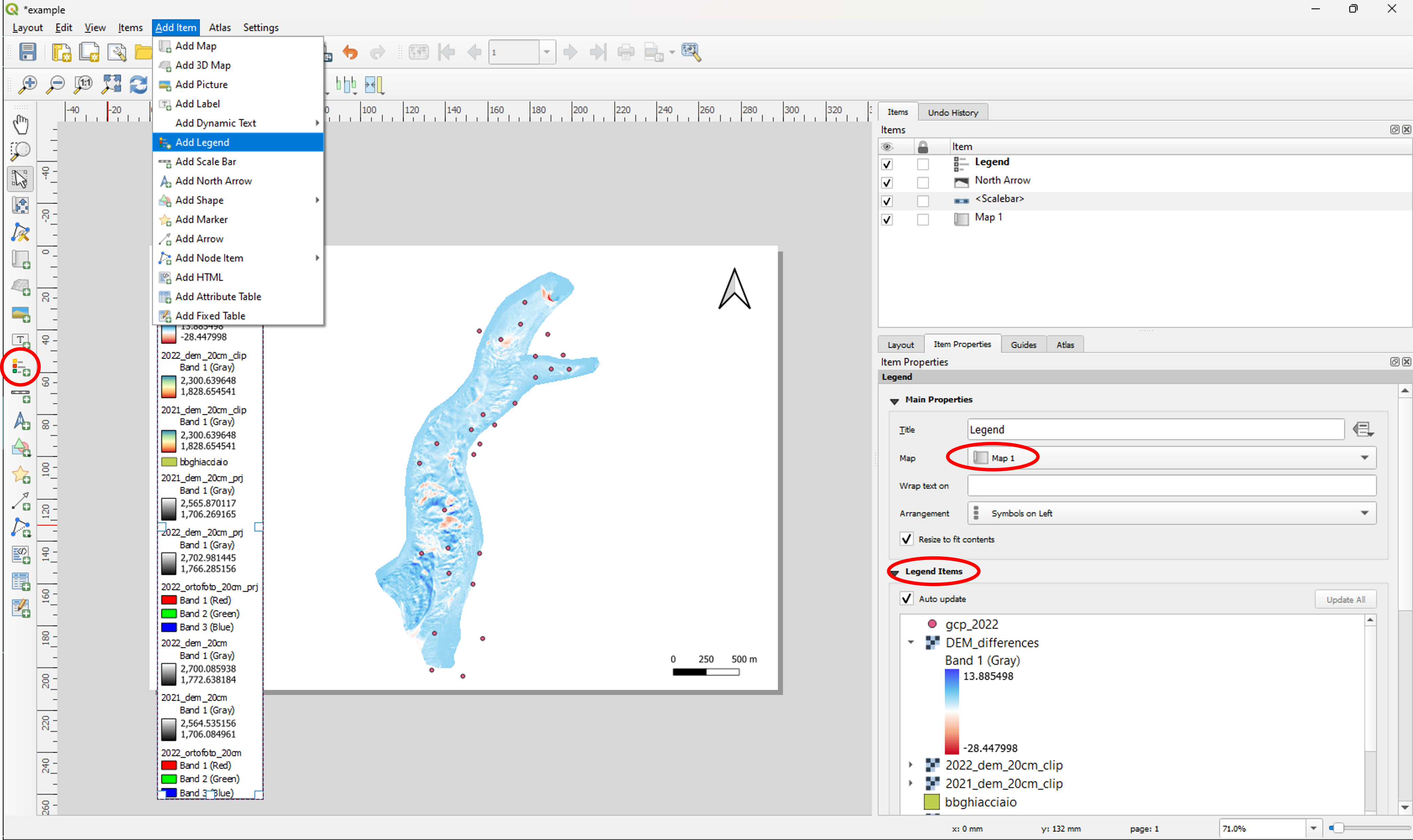 Insertion of a new legend item on the QGIS layout composer