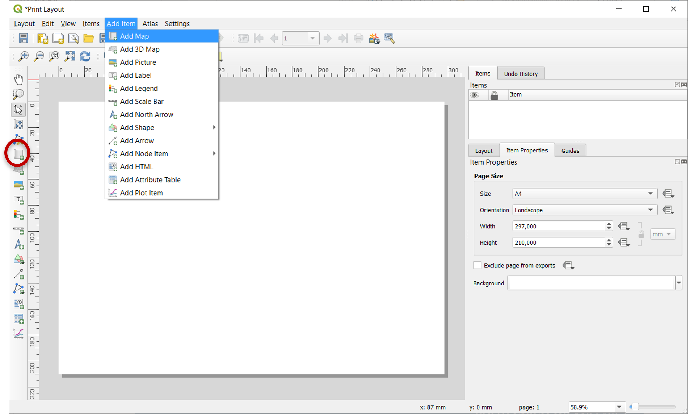 Insertion of a new map object on the QGIS layout composer