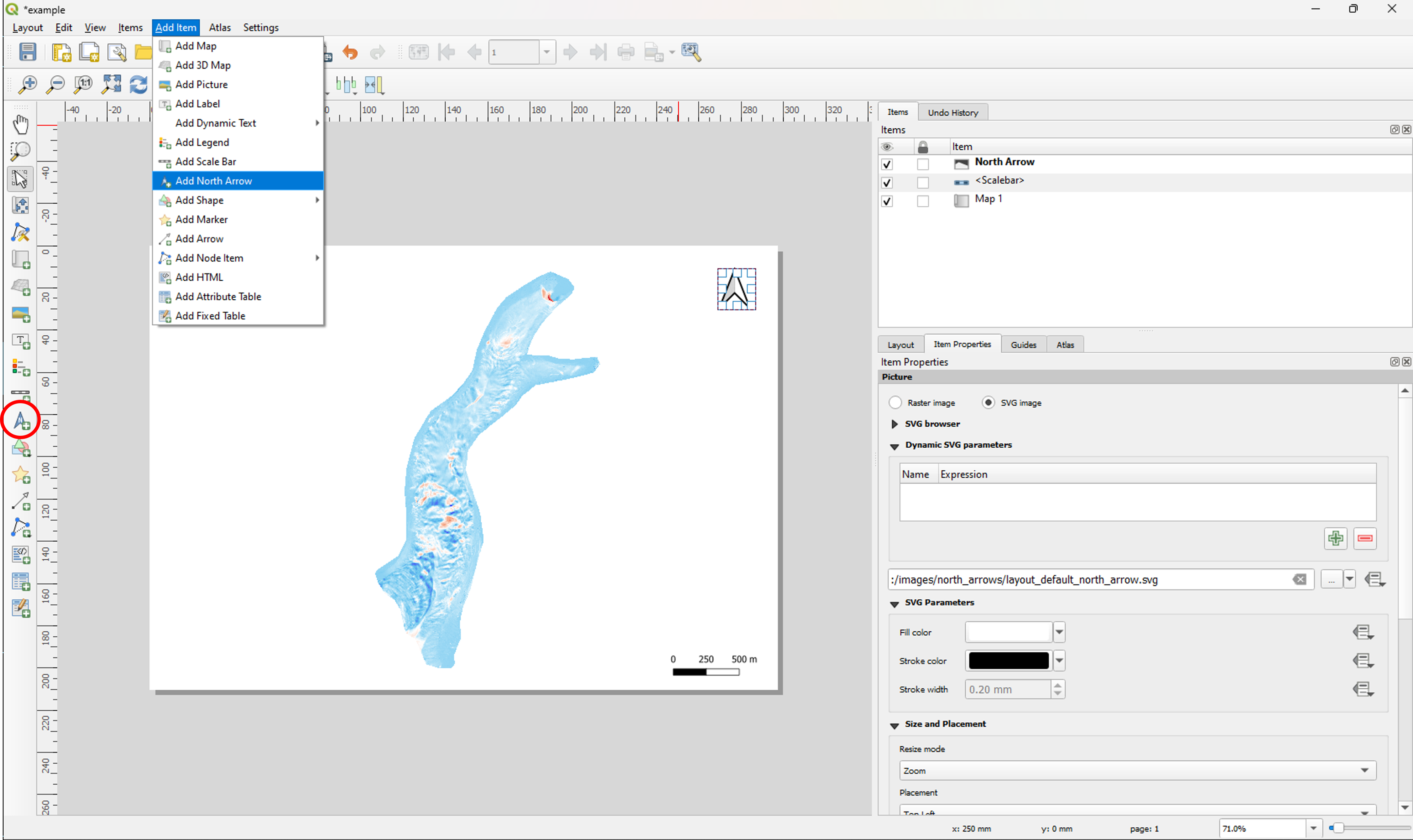 Insertion of a new north arrow on the QGIS layout composer