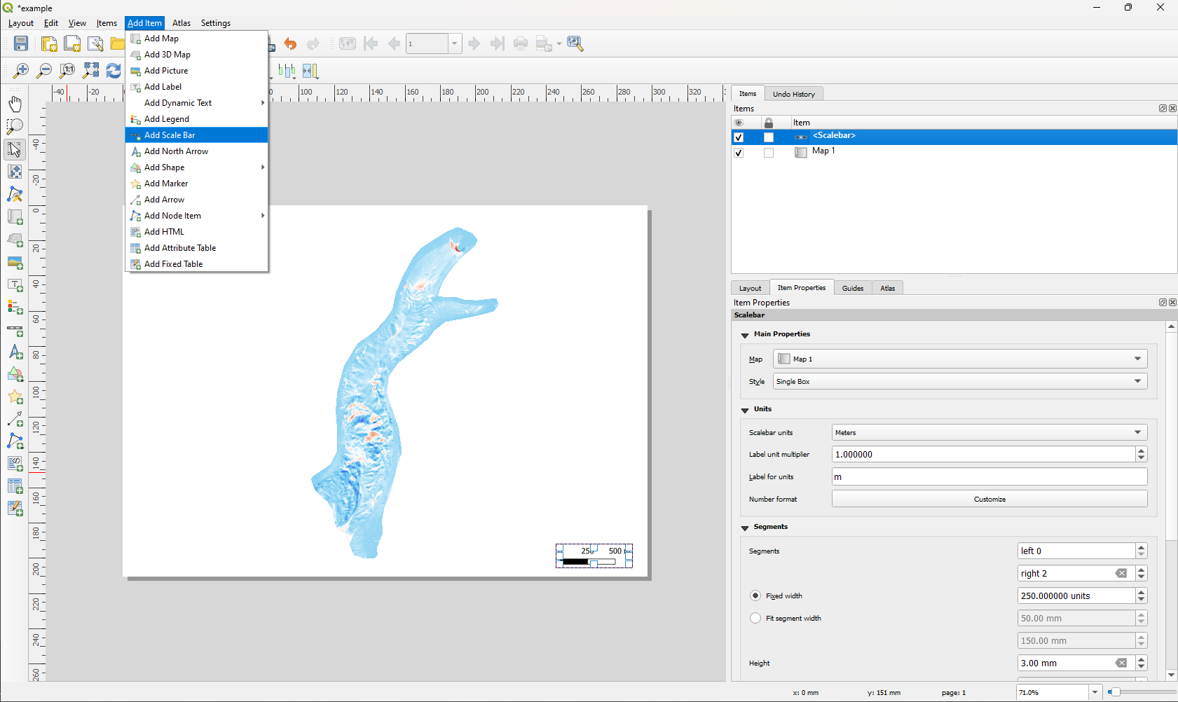 Insertion of a new scale bar on the QGIS layout composer