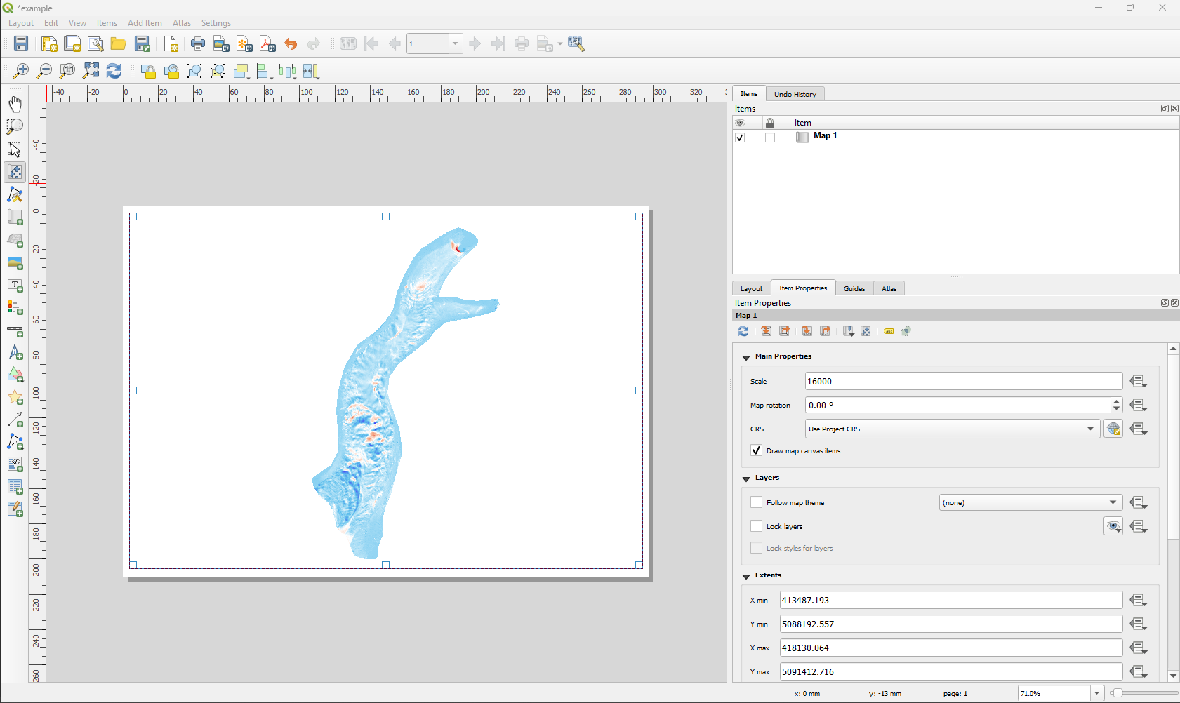 Definition of the scale properties of a map item in the QGIS layout composer