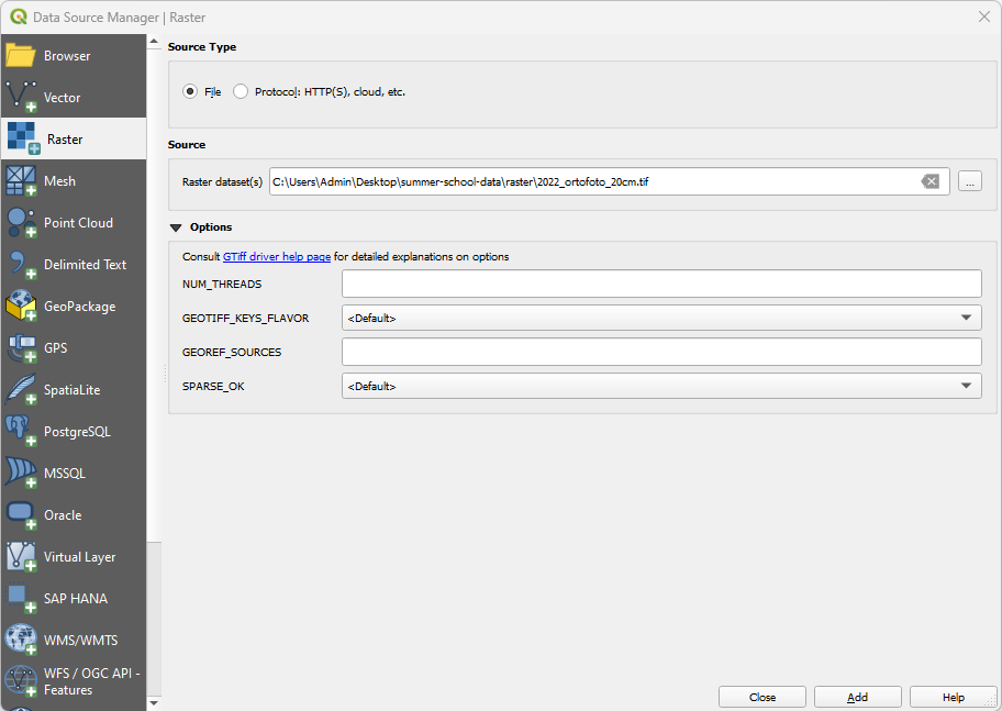 Data Source Manager window in QGIS