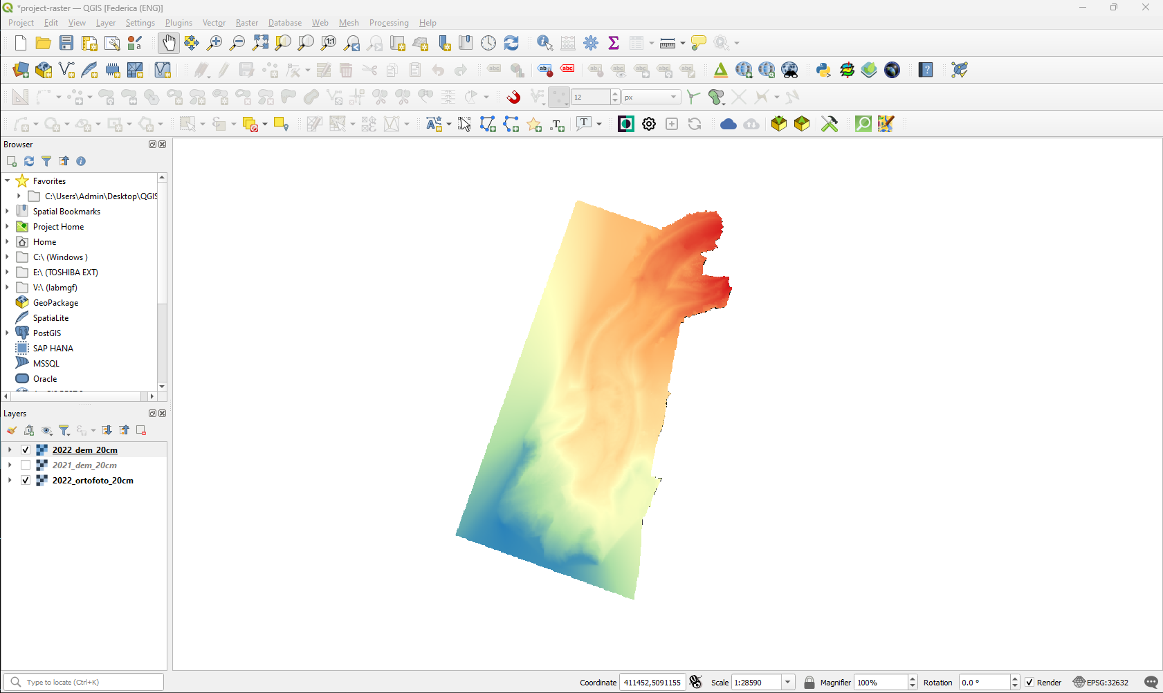 Raster data with singleband pseudocolor symbology on the map canvas