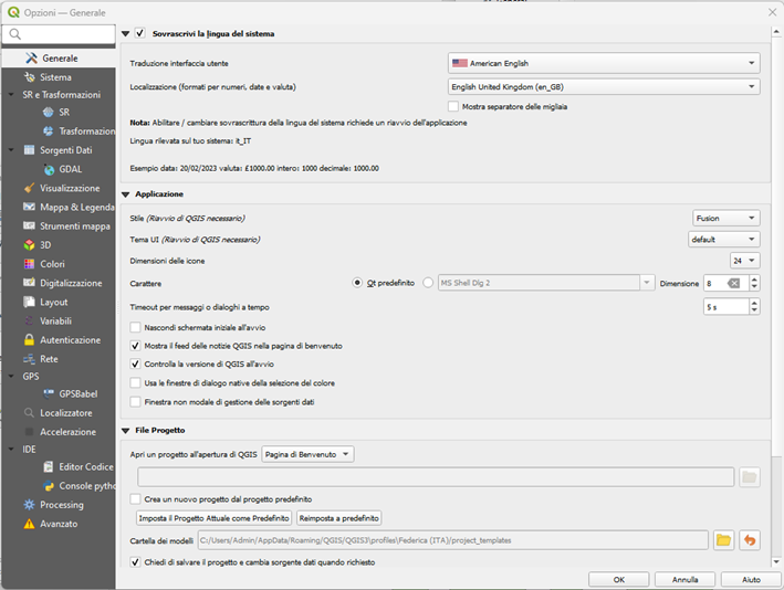 QGIS Impostazioni